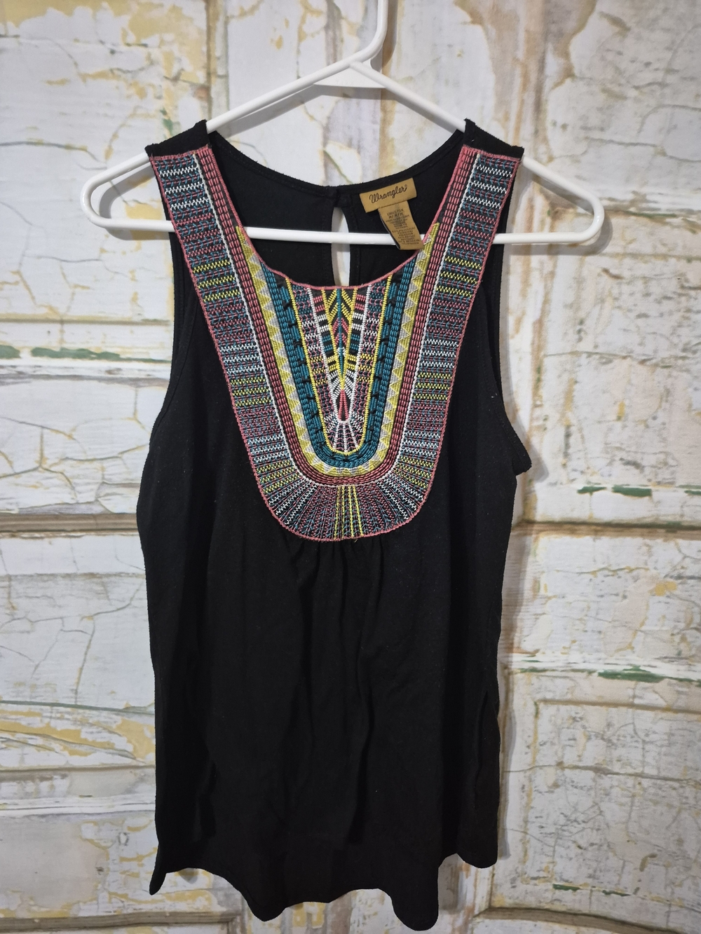 Wrangler Black Tank with Multicolor Embroidered Bib